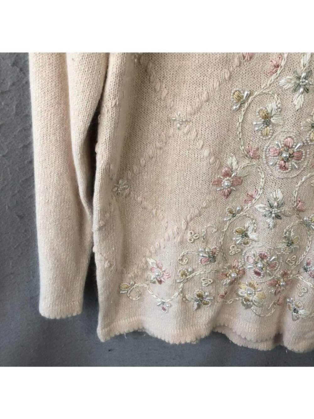 Vintage Beldoch Popper Sweater Tunic Womens L Cream Silk Angora Beaded Floral - Picture 10 of 16